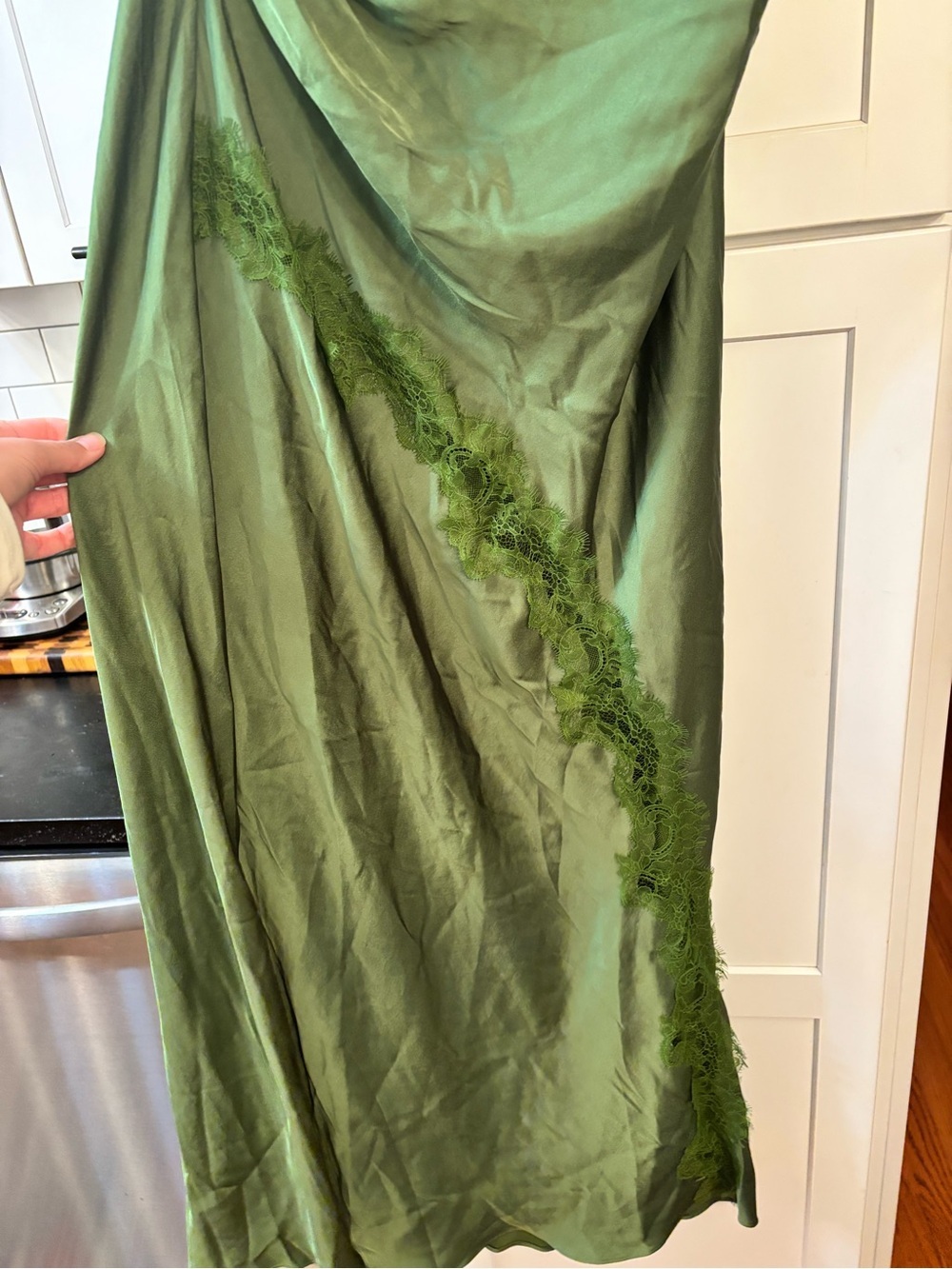 new Ever New Kody Satin Lace Asymmetric Dress maxi gown in olive green - Picture 6 of 12